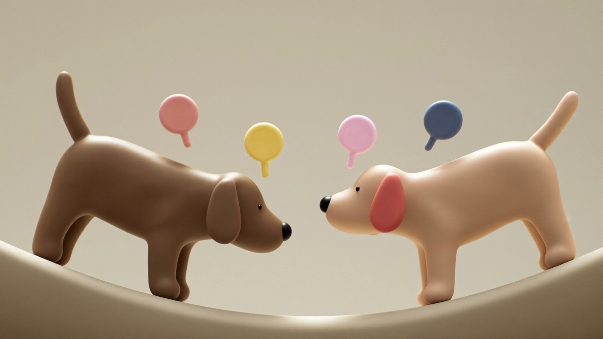 Polite dogs approach in a curve, trading small signals that keep the meeting friendly
