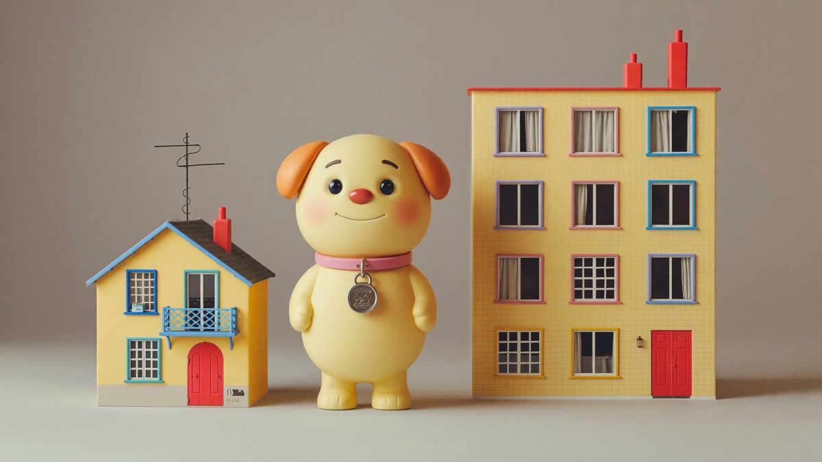 Illustration of a licensed dog between a landed house and an apartment building