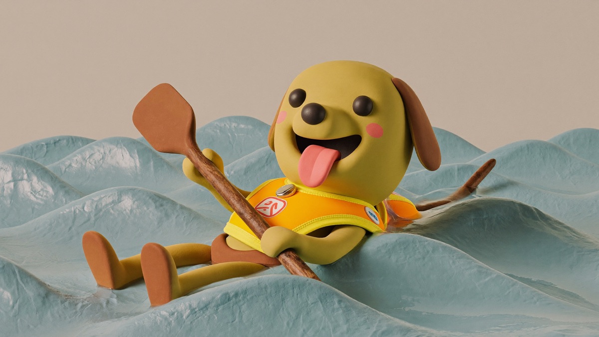 A dog paddling safely in a bright life vest
