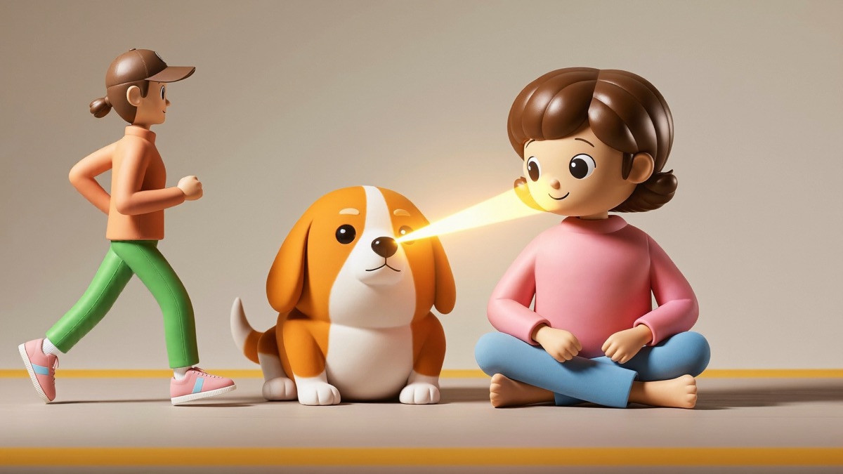Traffic passes, dog checks in, owner pays — fast humans become background, not game