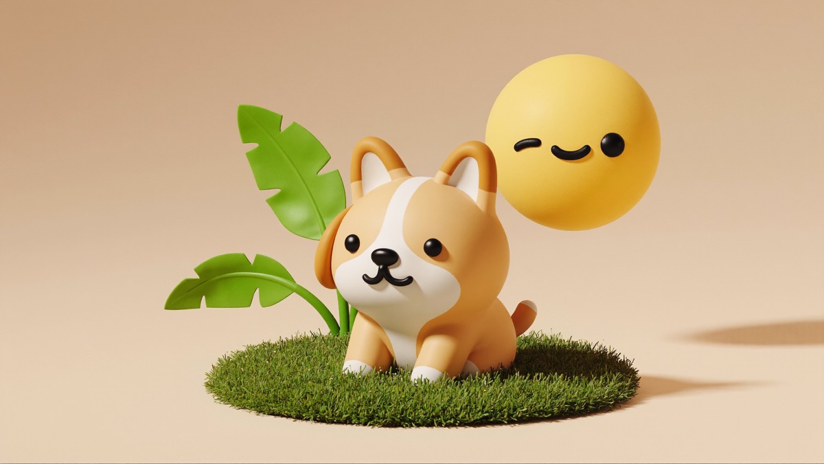 Illustration of a dog beside a tropical plant and sun