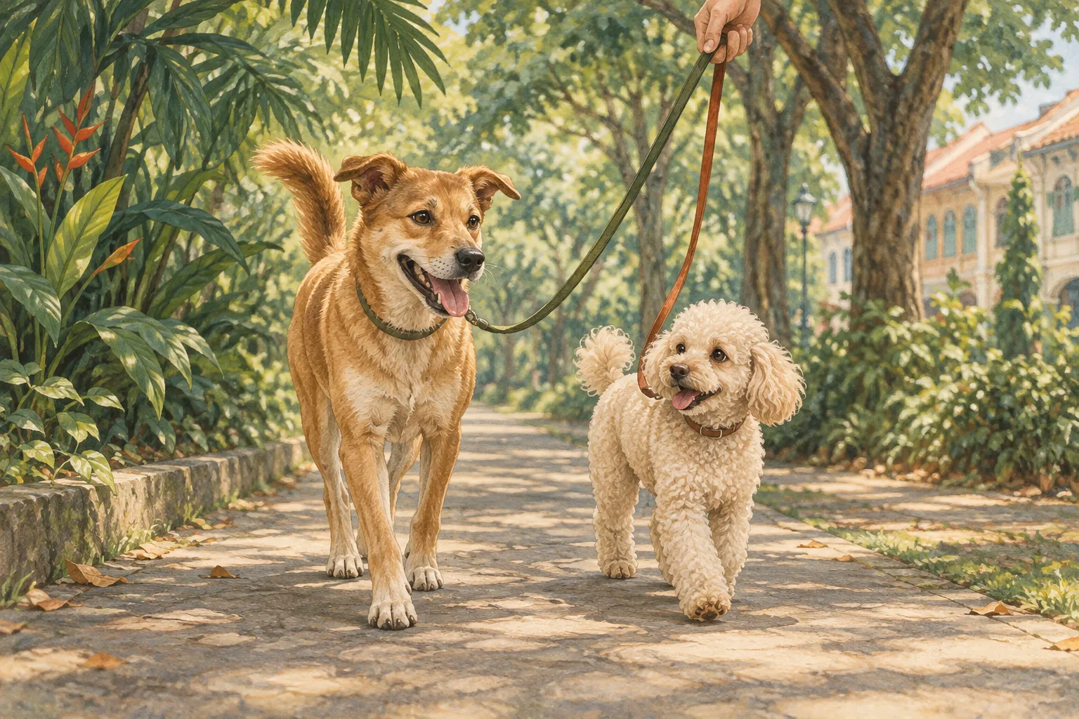 Illustration of a tan dog and a cream poodle on a shaded tropical neighbourhood walk